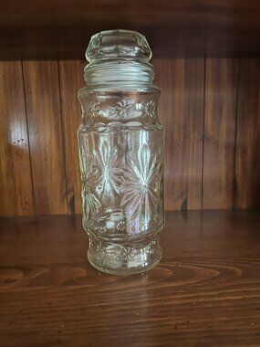 Vintage Planters Peanuts Glass Jar Star Burst Floral Pattern 1980